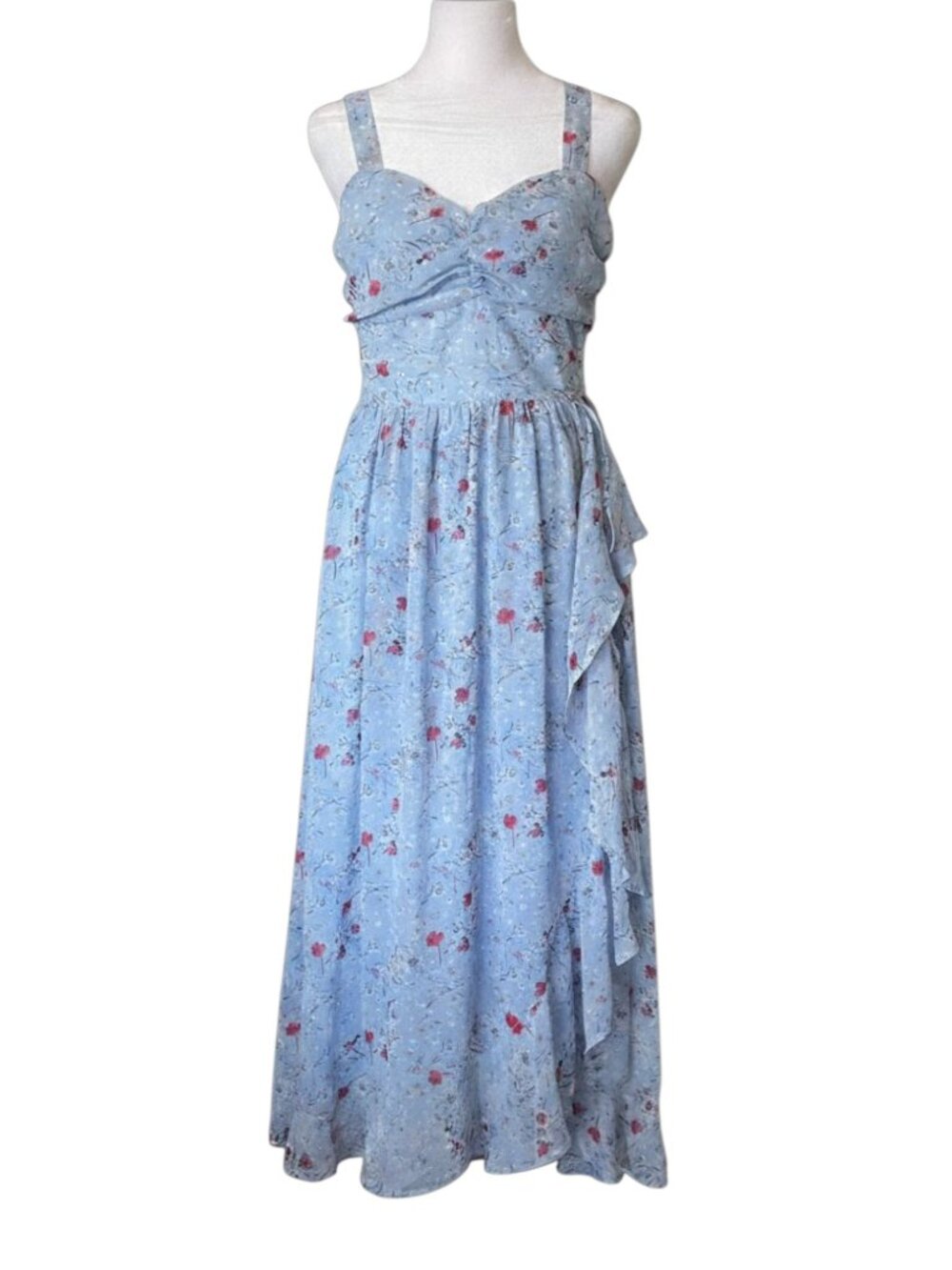 Lulus Dusty Blue Floral Print Ruffled Midi Dress w/ Sweetheart Neckline - Size S